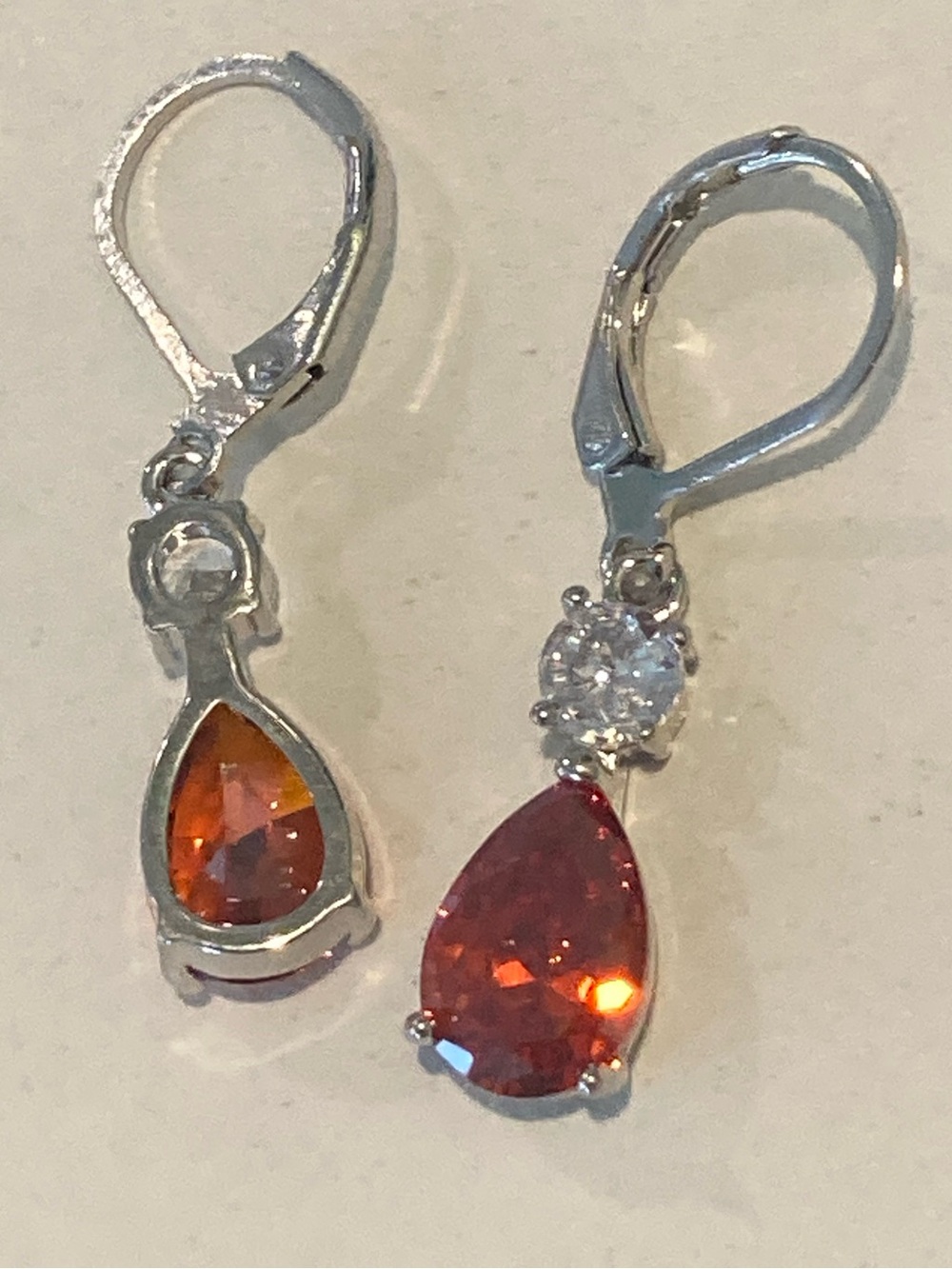 Silver Teardrop Orange Crystal Drop Earrings